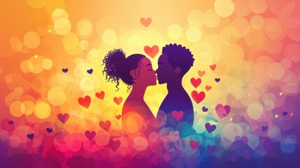 Vibrant Flat Design Illustration of LGBTQ Couple Silhouetted Against Colorful Background with Hearts