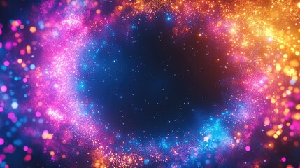 Neon swirl glowing with blue, purple, yellow, orange and pink light on black background