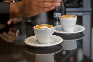 Cappuccinos with Latte Art in Cafe
