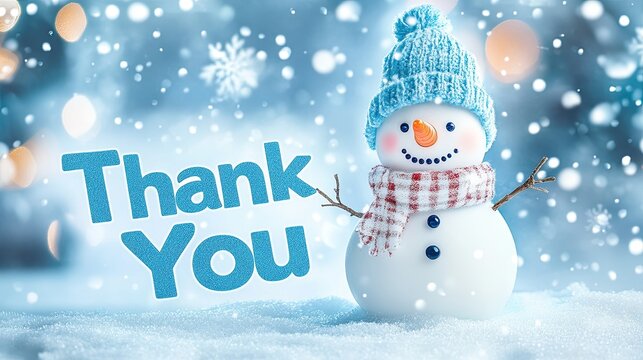 A cute snowman smiles warmly, wearing a cozy blue hat and scarf, surrounded by sparkling snowflakes. The bright thank you message adds joy to a winter scene