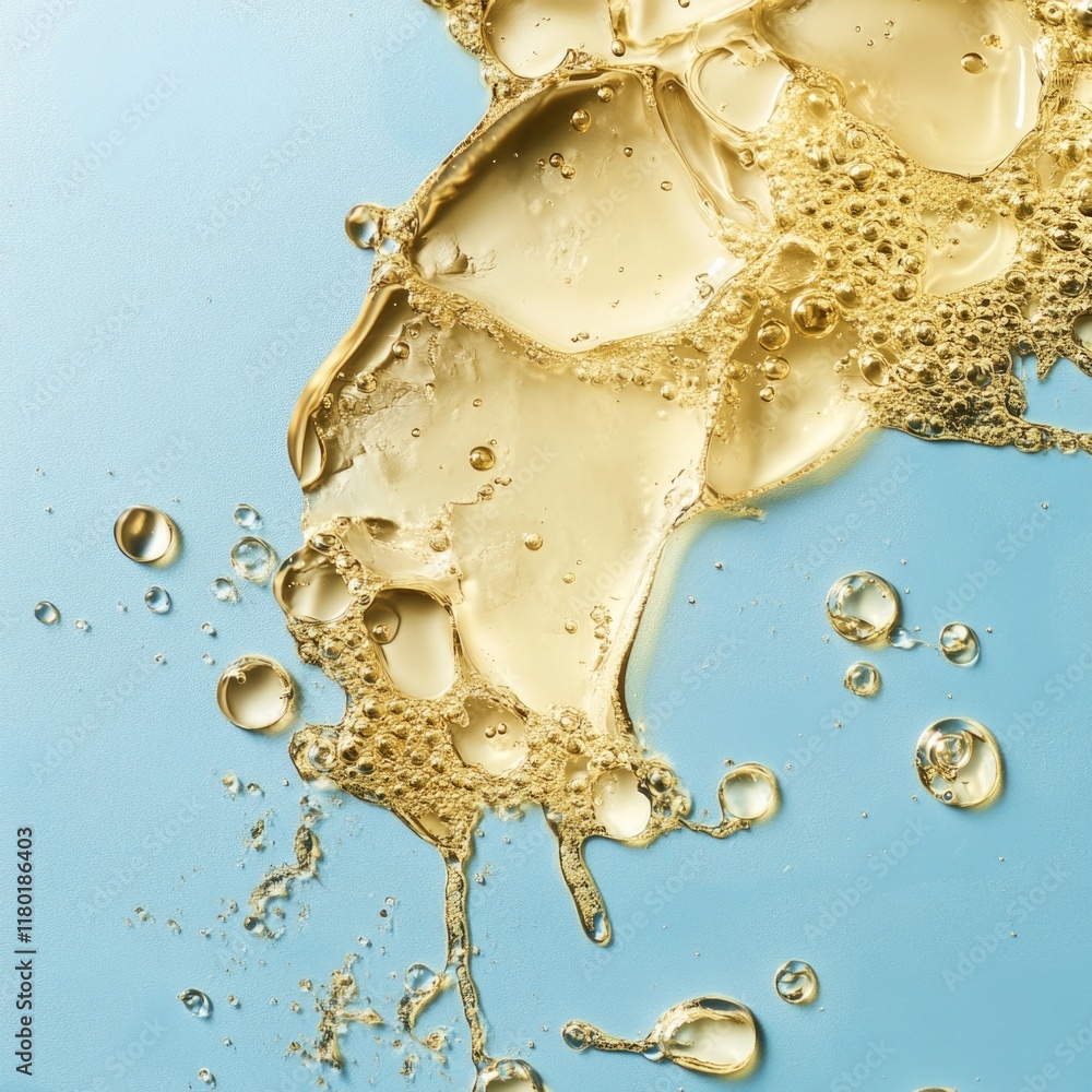 Poster a close-up view of liquid with bubbles rising to the surface against a blue background