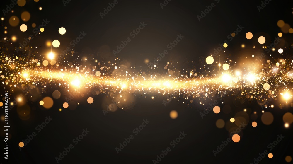 Poster glittering golden light particles on dark background creating a magical and festive atmosphere