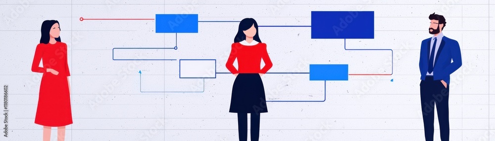 Poster three professionals discuss strategies in a modern office setting, featuring abstract flowcharts and