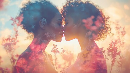 Hyper-realistic depiction of diverse LGBTQ couple sharing a tender kiss amidst a dreamy floral background at sunset