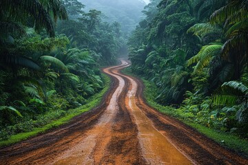 Fototapeta premium A dirt road winding through dense jungle foliage