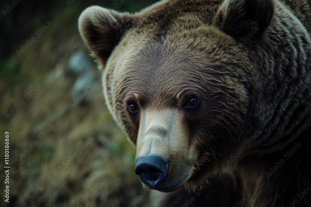 Poster a close-up shot of a brown bear's face with its fur and whiskers visible