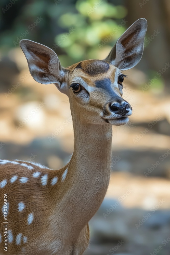 Poster a close-up image of a deer's face with a blurred background