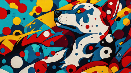  Dog Face on Blue, Yellow, Red, White Background with Circles and Dots