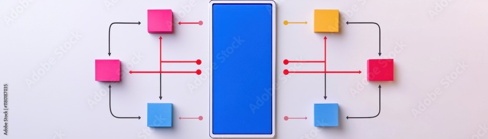 Poster a smartphone surrounded by colorful blocks and lines, illustrating a network or connection concept i