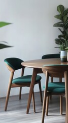 Elegant wooden dining table with stylish green cushioned chairs, set against a minimalist background. Ideal for interior design inspiration.