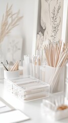 A neatly arranged desk showcasing a minimalistic style with an assortment of pencils, pens, and art tools in neutral tones.