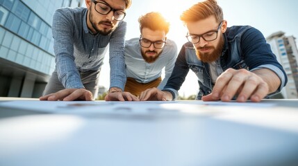 Teamwork in action: three young caucasian males collaborating on project outdoors