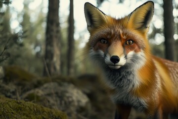 Obraz premium A close-up shot of a fox in its natural habitat, surrounded by forest foliage