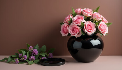 Fototapeta premium An elegant display of pink roses in a sleek vase, showcasing beauty and charm, perfect for various occasions.