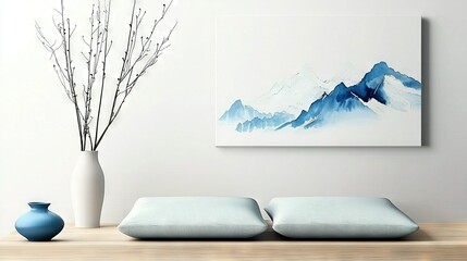   A stunning painting adorns the living room wall, flanked by plush pillows and a graceful vase filled with lush branches