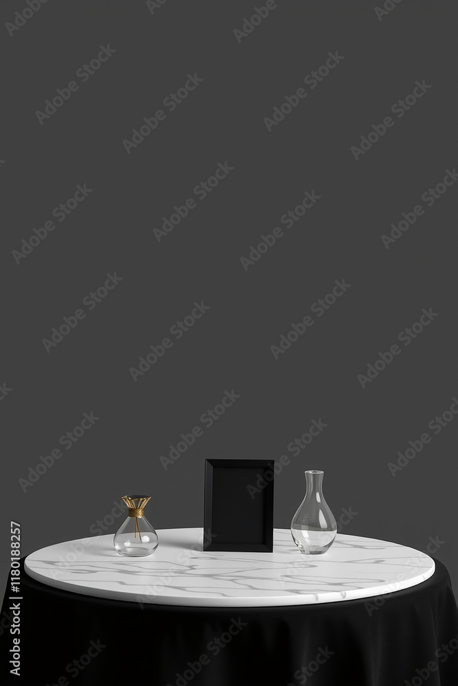 Poster minimalist composition with empty frame and vases on a marble table