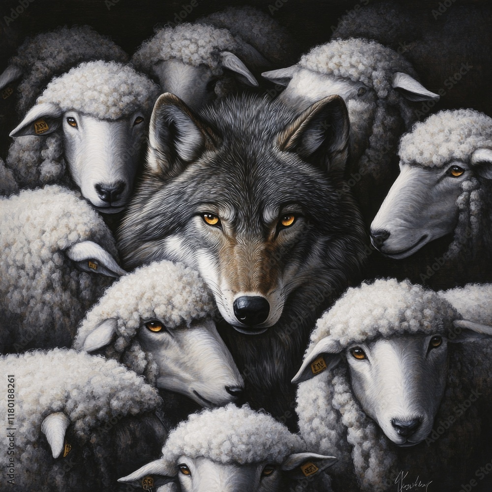 Poster a wolf surrounded by sheep, a scene of unexpected encounter
