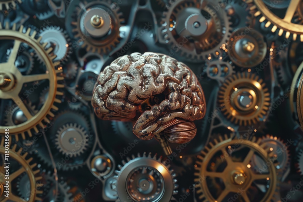 Poster intricate clockwork gears power a metallic brain, symbolizing artificial intelligence and the fusion