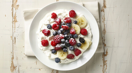 Rustic Yogurt Cake Topped With Fresh Berries Served on a White Plate in Natural Light