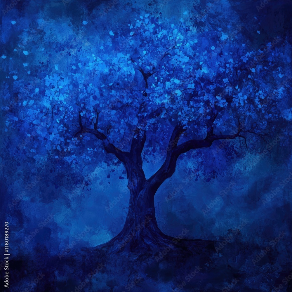 Poster a tree with vibrant blue leaves, perfect for use in illustrations and designs where a unique natural