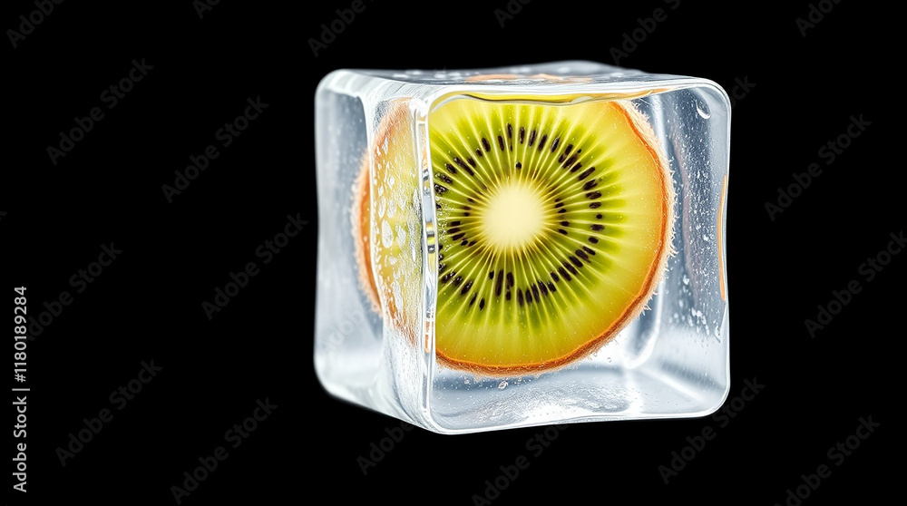 Poster frozen kiwi slice in ice cube