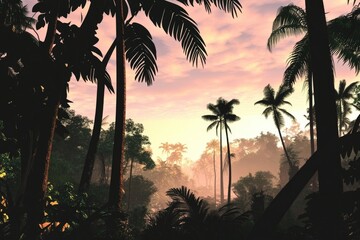 Palm trees in a dense tropical forest with lush green foliage and exotic plants