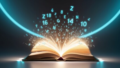 Magic open book with flying letters and numbers against a dark futuristic background