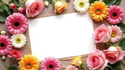 Fototapeta premium Top view of blank greeting card in the center with flowers isolated on wooden table