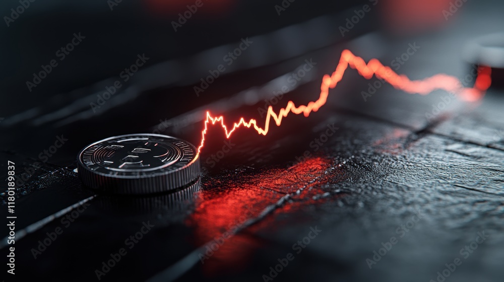 Aufkleber bitcoin coin with rising red graph on dark reflective surface