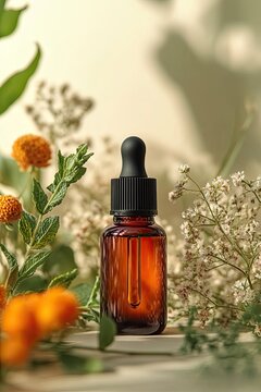 Amber bottle stands amidst delicate flowers, exuding natural bea