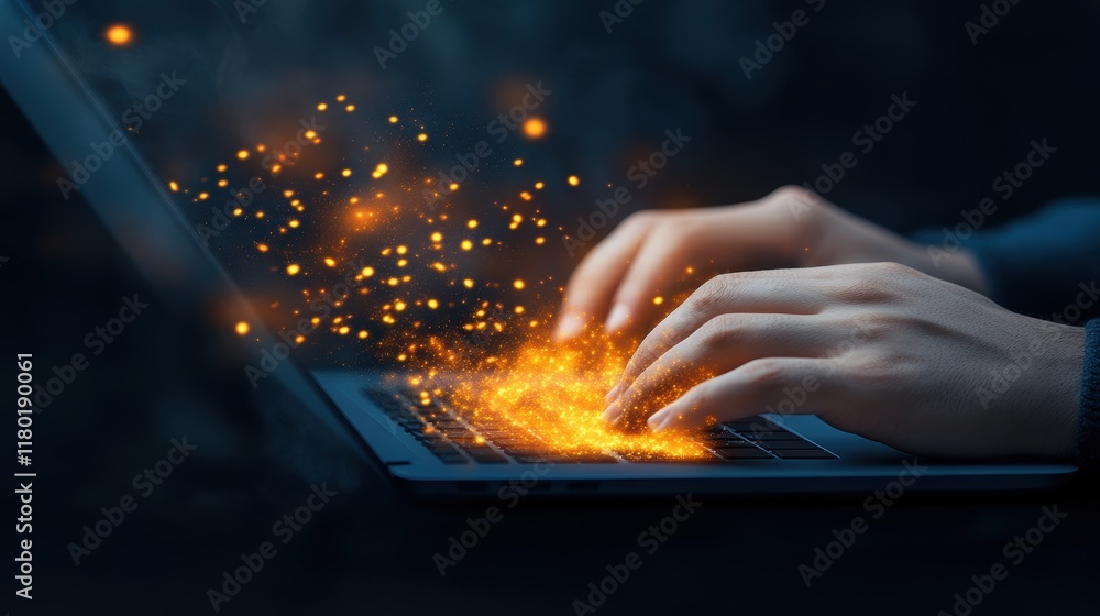 Aufkleber hands typing on laptop with fiery spark effects in dark setting