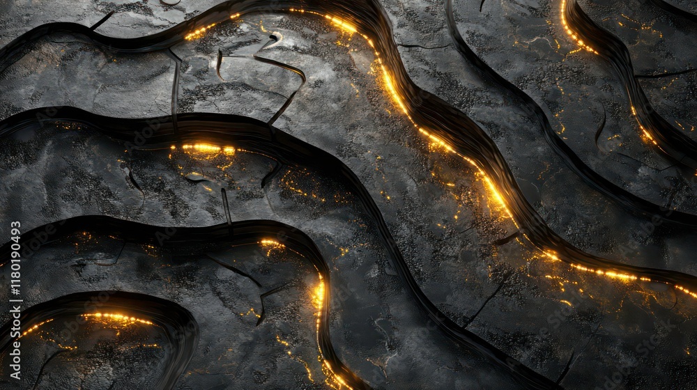 Poster seo relevance concept. a close-up view of a dark, textured surface with flowing lines and glowing el