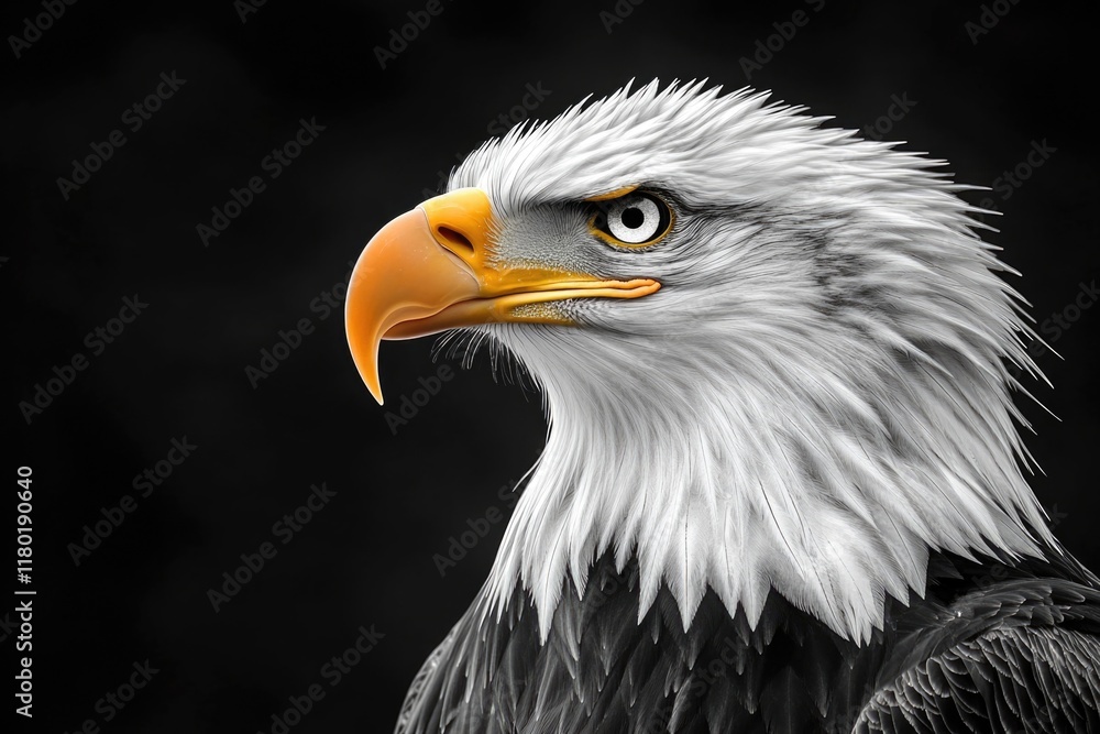 Poster close-up view of a bald eagle's head and feathers against a dark background