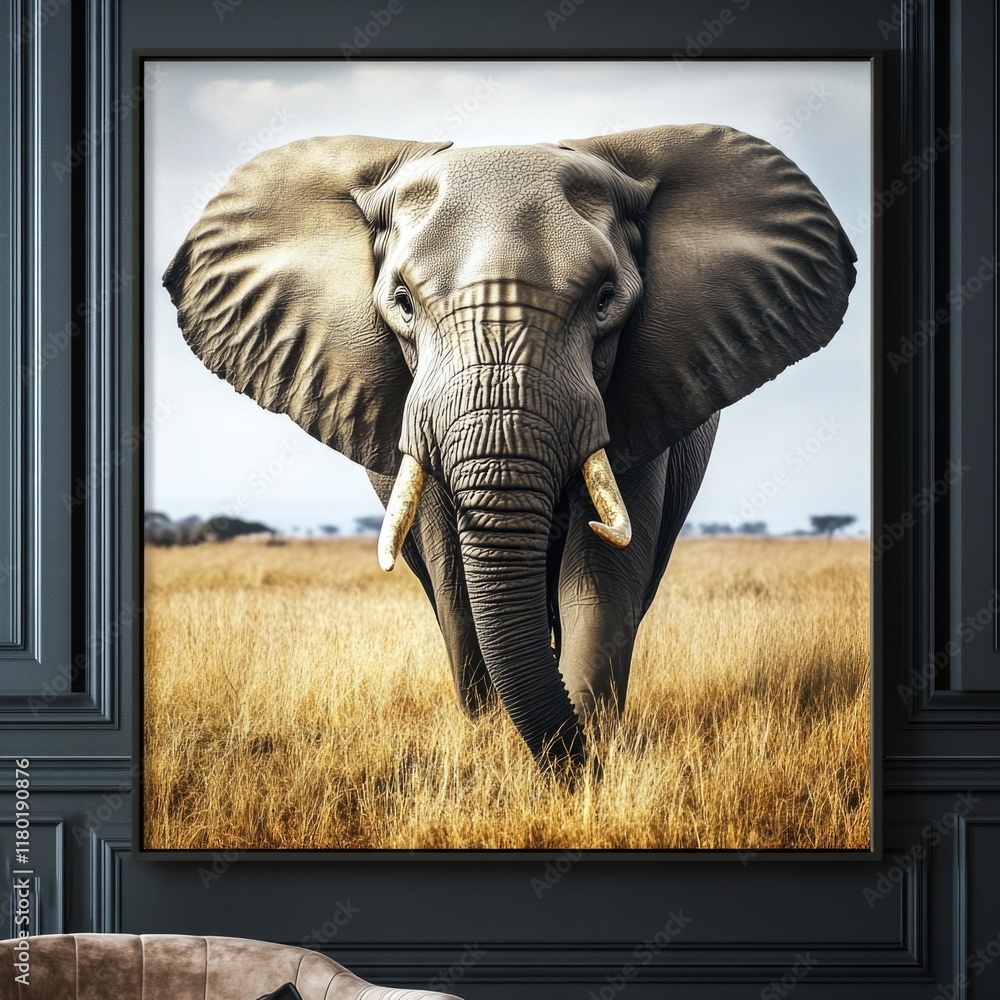 Poster an elephant roaming through a field of tall grass