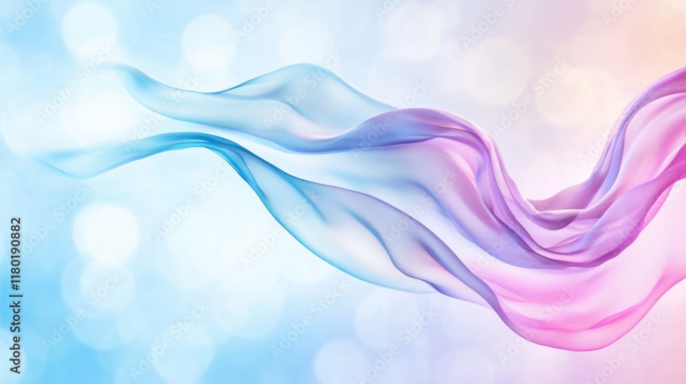 Aufkleber flowing translucent fabric waves in pastel colors on soft bokeh background