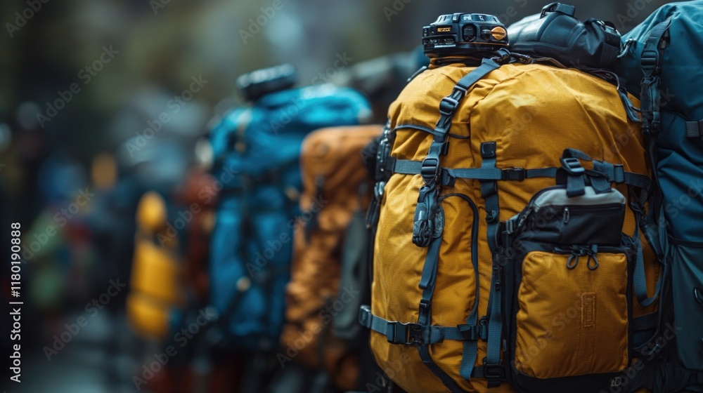 Poster a collection of backpacks neatly arranged in a row, ready for adventure or travel