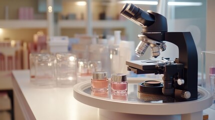 A microscope stands on a lab table, illuminated by soft lighting. It is engaged in analyzing cosmetic samples placed beside it, suggesting an ongoing research project focusing on beauty products