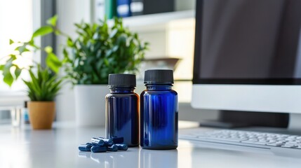 Two dark blue bottles filled with supplements are placed on a sleek desk. Nearby, a computer and green plants enhance the vibrant, organized workspace