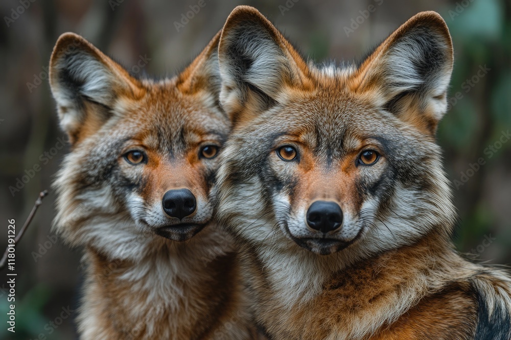 Poster two foxes standing side by side, possibly in a natural or wild setting