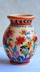 Ceramic clay jar with colourful floral ornament isolated on white background