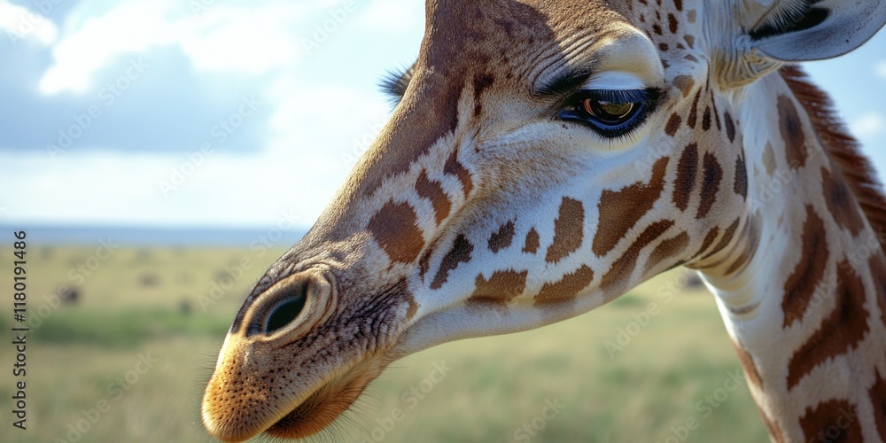 Poster a close-up view of a giraffe's face in a natural environment, suitable for wildlife or nature-themed