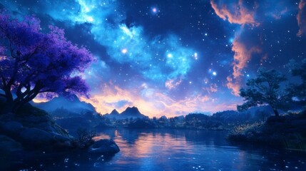 Serene Night Sky, a minimalist 3D depiction of a deep blue sky filled with stars, evoking tranquility and wonder in a vast expanse.