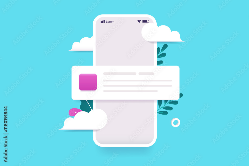 Leinwandbilder PhoneMessagePopUpPhone message pop up - Mobile smartphone with push notification popping out of screen. Front view flat vector illustration on blue background