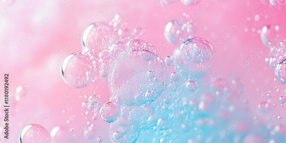 Poster bubbles floating in a pink and blue background