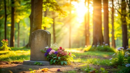 Fototapeta premium A peaceful, unmarked gravestone surrounded by fresh flowers in a sunlit forest, symbolizing remembrance, loss, and eternal rest.