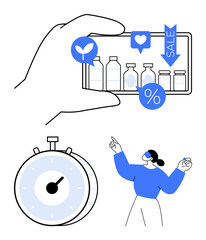 Fototapeta premium Hand holds smartphone displaying products with eco-friendly tags, discounts, and sales. Timer symbolizes urgency. Enthusiastic person wearing VR headset interacts. Ideal for ecommerce