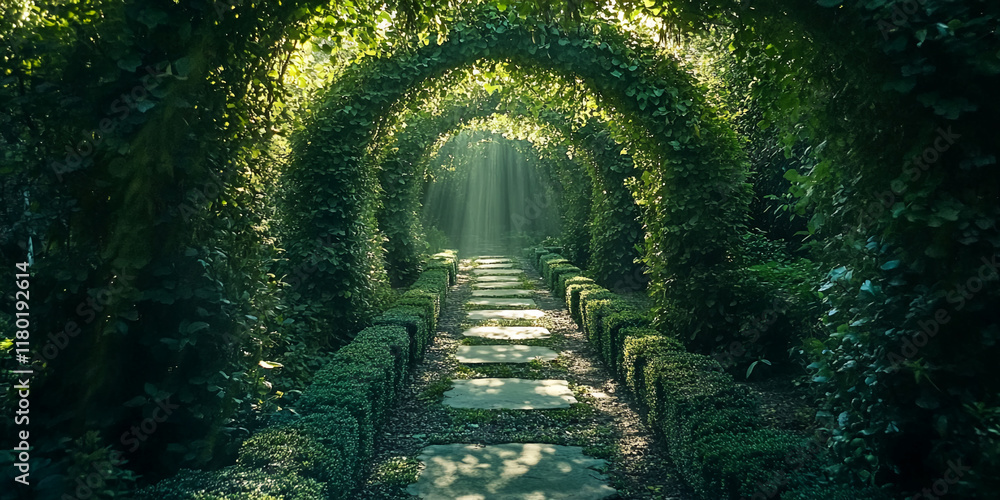 Poster enchanting green archway pathway with sunlight rays in a serene garden