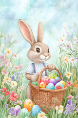Easter bunny gathering colorful eggs in a flower garden