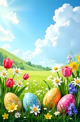 Easter eggs on green grass and flowers. Vertical Easter card.