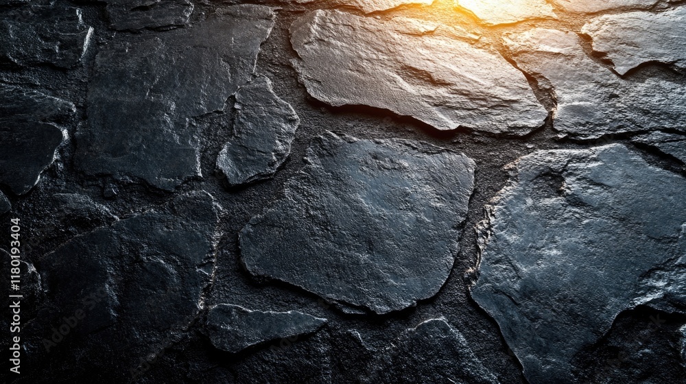 Poster a close-up shot of a stone wall with warm sunlight reflecting off its surface, great for use in outd
